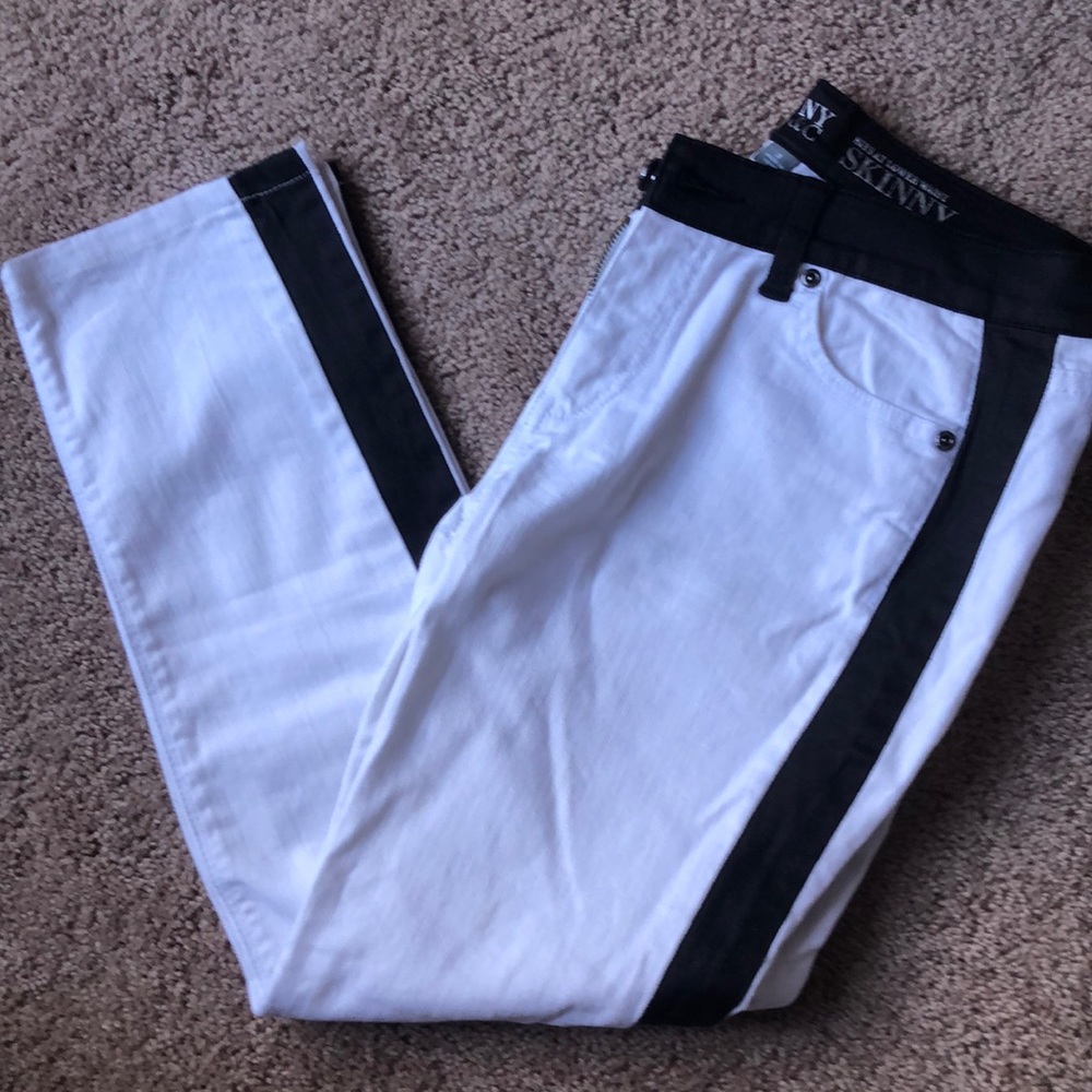 White skinny jeans with black side stripe